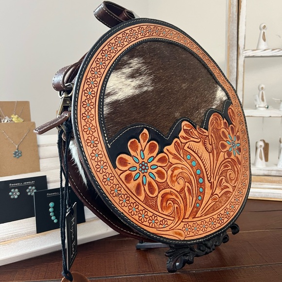 New Gift! Cowhide Round Hand Tooled Leather Myra Bag New crossbody wallet purse - Picture 5 of 10